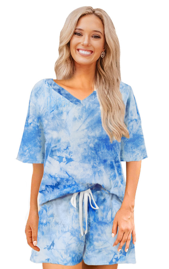 Summer Tie Dye V-Neck Shirt and Shorts Pajama Set