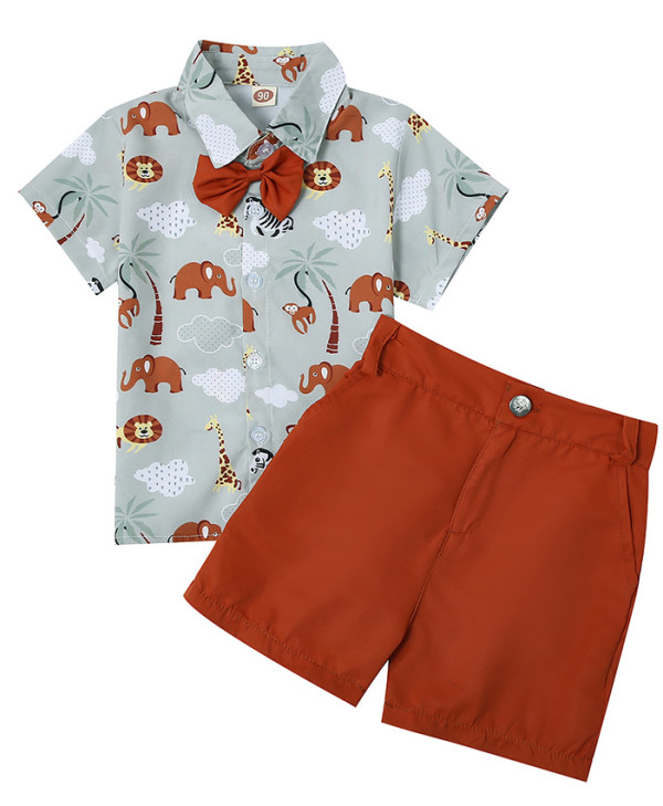 Summer Kids Boy Gentleman Print Blouse and Plain Shorts Set