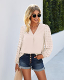 Spring Solid V-Neck Blouse with Mesh Sleeves