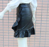 Spring Black Leather High Waist Ruffles Mini Skirt