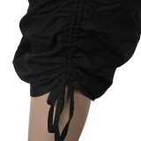 Summer High Waist Pocket Strings Ruched Midi Skirt