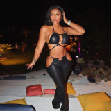 Summer Party Black Leather Bra and Pants Matching Set