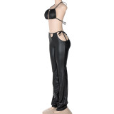 Summer Party Black Leather Bra and Pants Matching Set