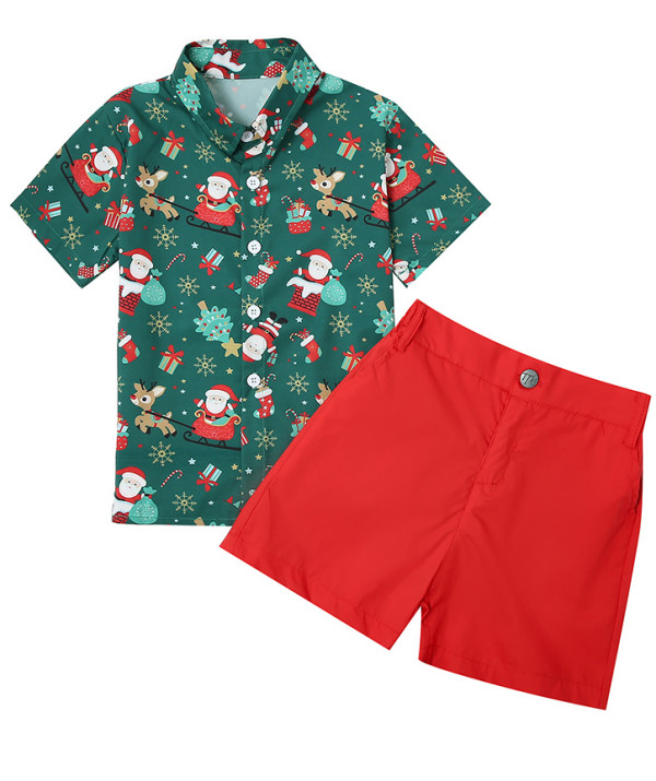 Christmas Kids Boy Gentleman Print Blouse and Plain Shorts Set