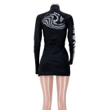 Spring Print Black Side Slit Turtleneck Shirt Dress