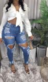 Stylish Blue Washed Ripped Fitting Jeans