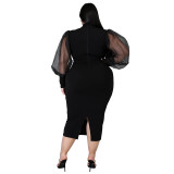 Plus Size Spring Formal Black Midi Dress with Puff Sleeves
