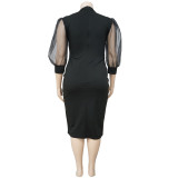 Plus Size Spring Formal Black Midi Dress with Puff Sleeves