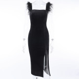 Spring Party Formal Black Side Slit Feather Strap Midi Dress