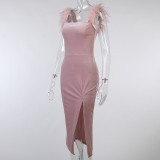 Spring Party Formal Pink Side Slit Feather Strap Midi Dress