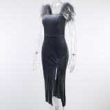 Spring Party Formal Grey Side Slit Feather Strap Midi Dress