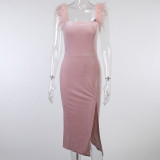 Spring Party Formal Pink Side Slit Feather Strap Midi Dress