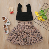 Baby Girl Summer Black Crop Top and Leopard Skirt Set