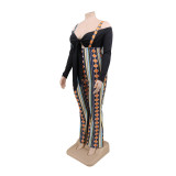 Plus Size Spring Black Knotted Top and Print Suspender Pants Set