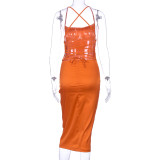Summer Party Satin Orange Sexy Strap Midi Dress