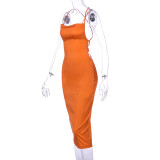 Summer Party Satin Orange Sexy Strap Midi Dress