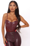 Spring Sexy Leather Patch Mesh Strap Bodysuit