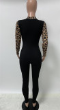 Autumn Fitness Leopard Zipper Bodycon Jumpsuit