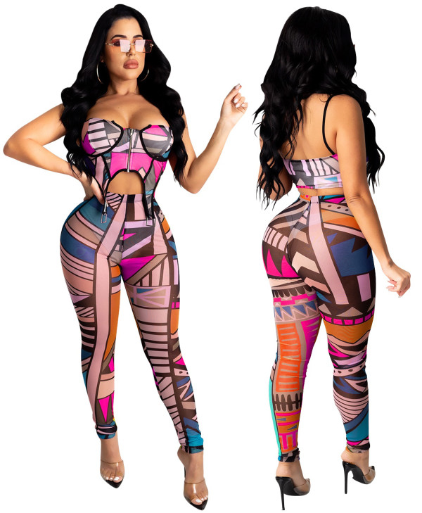 Party Long Sleeve Print Deep-V Cut Out Sexy Jumpsuit