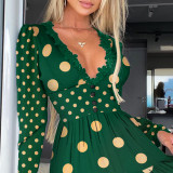 Vintage Green Polka Deep-V Sexy High Waist Skater Dress