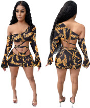 Party Sexy Chains Print One Shoulder Crop Top and Mini Skirt Matching Set