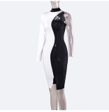 Party White and Black Contrast Dress with Single Sleeve