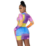 Plus Size Print Long Sleeve Colorful Bodycon Dress