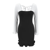 Spring White and Black Contrast Ruffles Knitting Dress