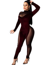 Party Sexy Langarm Mesh Patch Samt Bodycon Jumpsuit