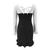 Spring White and Black Contrast Ruffles Knitting Dress