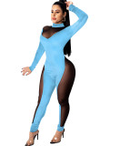 Party Sexy Long Sleeve Mesh Patch Velvet Bodycon Jumpsuit