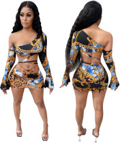 Party Sexy Chains Print One Shoulder Crop Top and Mini Skirt Matching Set