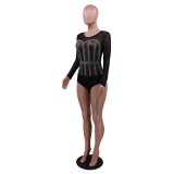 Party Long Sleeve Mesh Patch Sexy Beaded Bodysuit