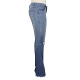 Plus Size Washed Blue Fringe Hem High Waisted Jeans