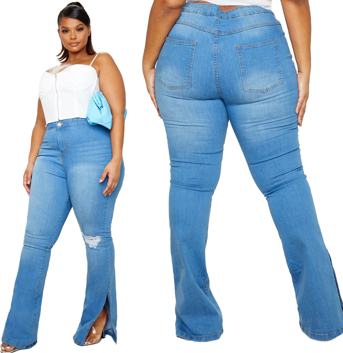 Wholesale Plus Size Washed Blue Slit Hem High Waisted Jeans | Global Lover