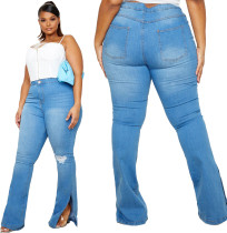 Plus Size Washed Blue Slit Hem Jeans mit hoher Taille