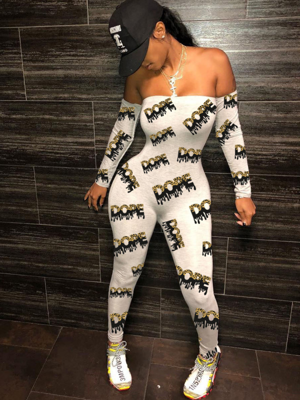 Party Print Long Sleeve Strapless Bodycon Jumpsuit
