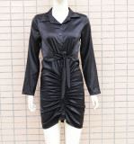 Spring Party Sexy Black Satin Deep-V Ruched Bodycon Dress