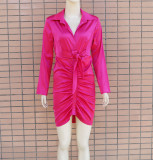 Spring Party Sexy Pink Satin Deep-V Ruched Bodycon Dress