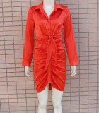 Spring Party Sexy Orange Satin Deep-V Ruched Bodycon Dress