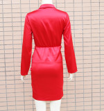 Spring Party Sexy Red Satin Deep-V Ruched Bodycon Dress
