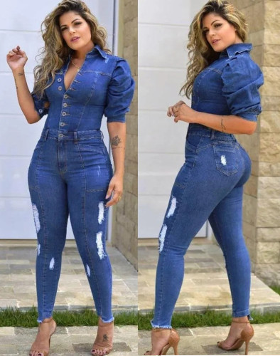 Macacão jeans de manga curta rasgada de manga curta azul verão