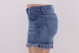 Summer Contrast High Waist Zip Up Fringe Denim Shorts