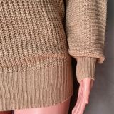 Spring Khaki Slash Shoulder Mini Sweater Dress with Bat Sleeves