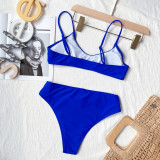 2PC Blue Simple Middle Waist Strap Swimwear