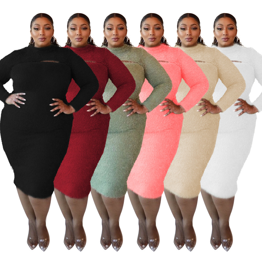 Wholesale Plus Size Long Sleeve Plush Midi Dress | Global Lover