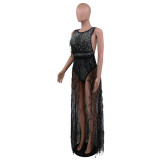 Party Sexy Luxury Sleeveless Black Beaded Fringe Long Dress
