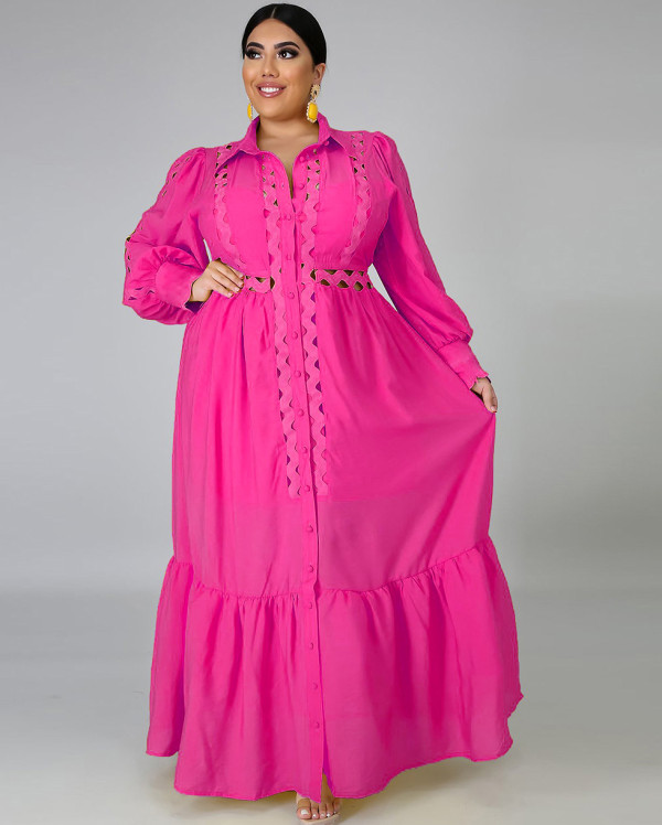 Plus Size Pink Hollow Out Long Dress with Full Sleeves