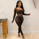 Sexy Lace-Up Mesh Patch 2PC Bodycon Crop Set