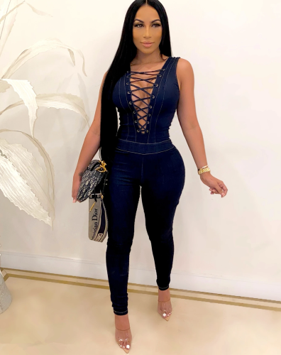 Sexy Lace Up Sleeveless Bodycon Denim Jumpsuit